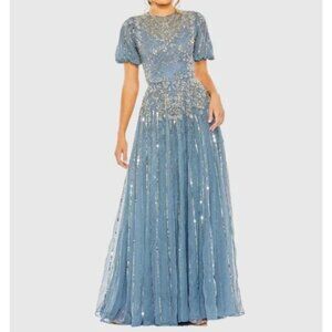 NWT | Mac Duggal Blue High Neck Puff Sleeve Embellished A Line Gown | Sz 12